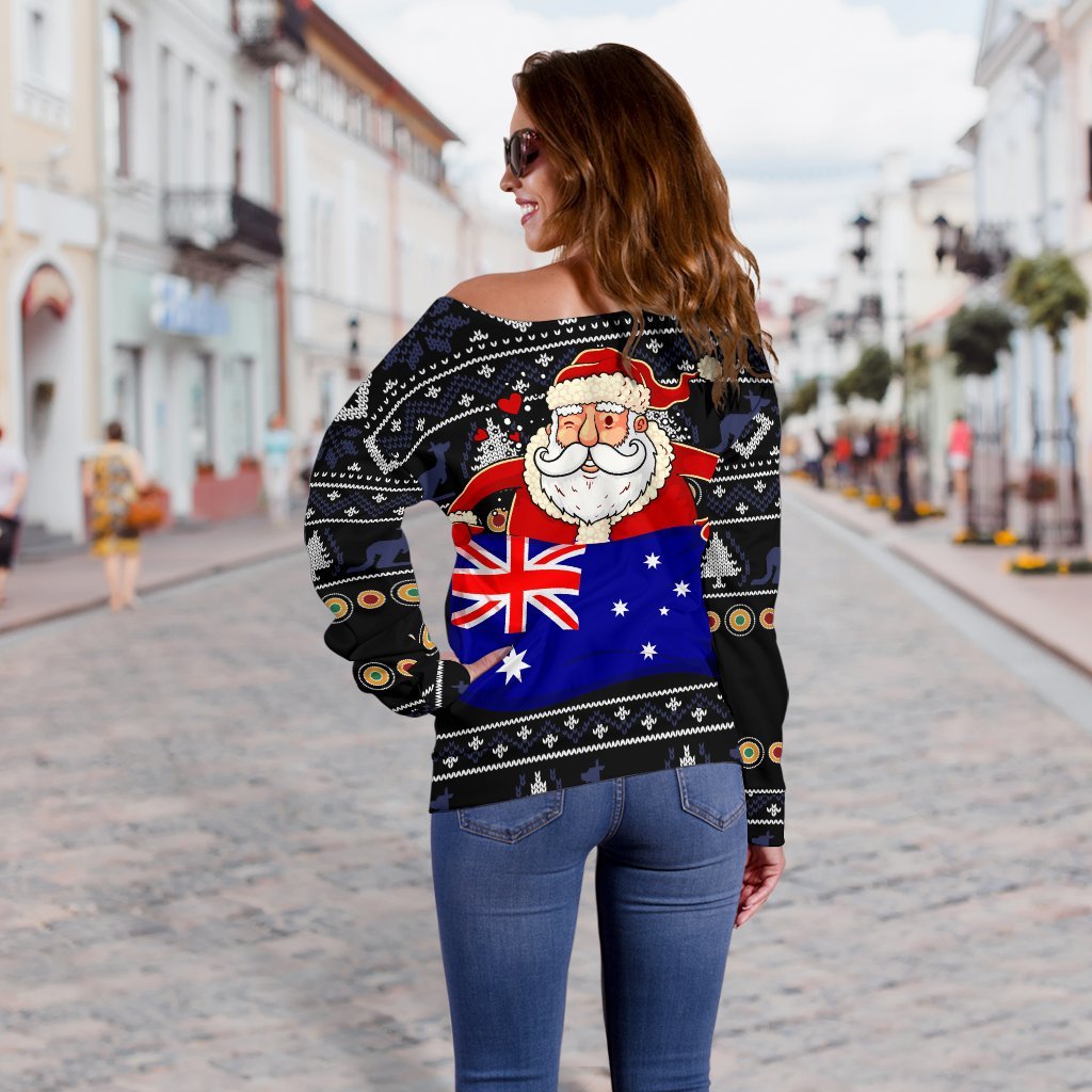 Christmas Women's Off Shoulder Sweater - Australia Santa Claus Hold The Flag ( Black)