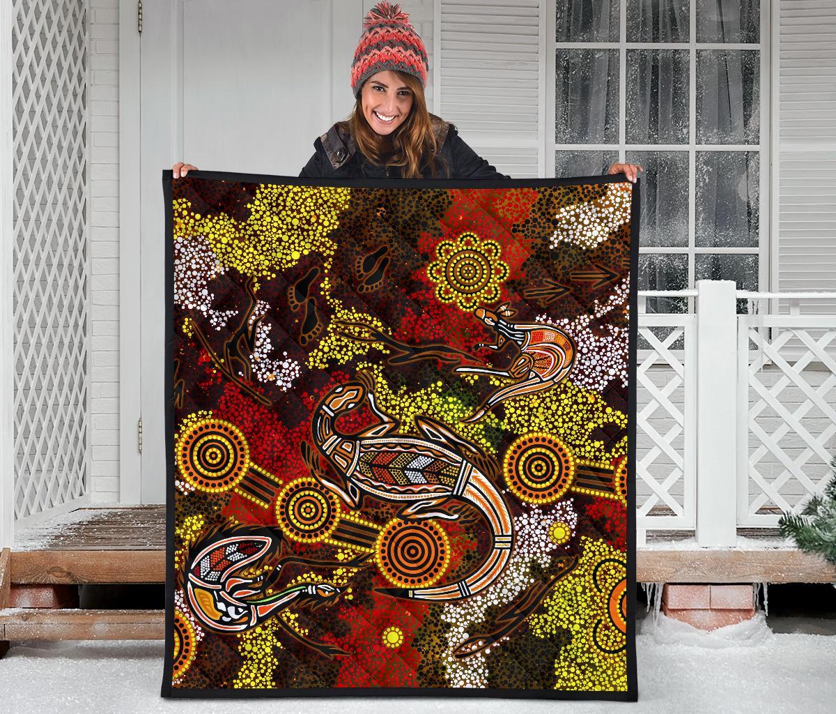 Aboriginal Premium Quilt - Kangaroo and Lizard Dot Painting Art