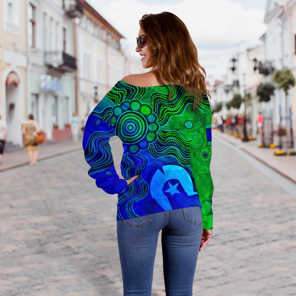 (Custom) Aboriginal Women's Off Shoulder Sweater, Torres Strait Islands Flag