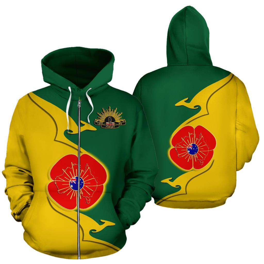 Anzac Zip Hoodie - Lest We Forget Poppy Map Kangaroo