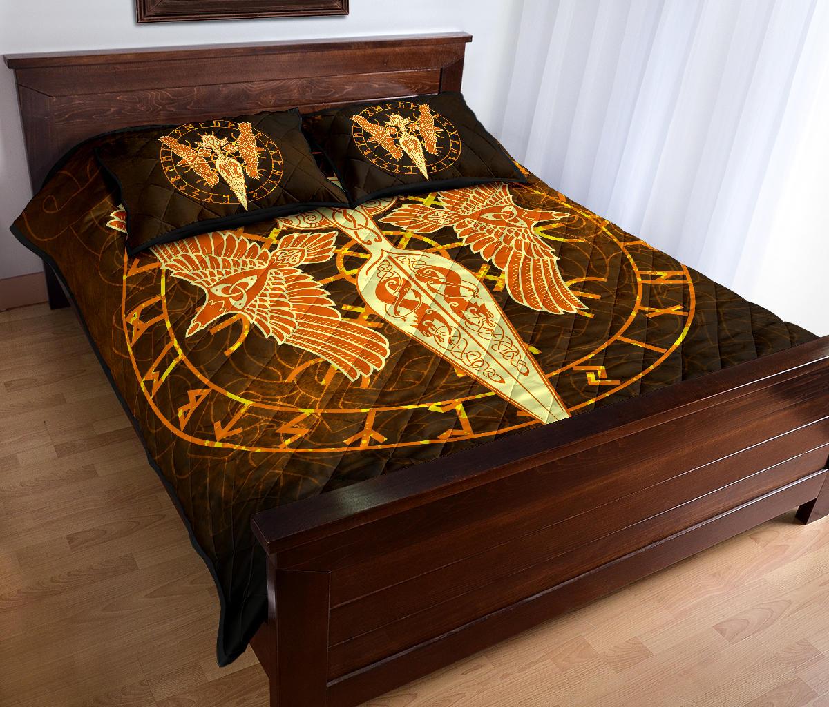 Viking Quilt Bedding Set Gold Spear Of The God Odin Gungnir And Two Gold Ravens