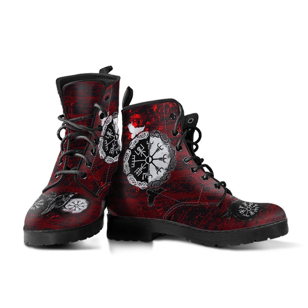 Viking Leather Boots Raven of Odin and Symbol Viking on Blood Background Ver01