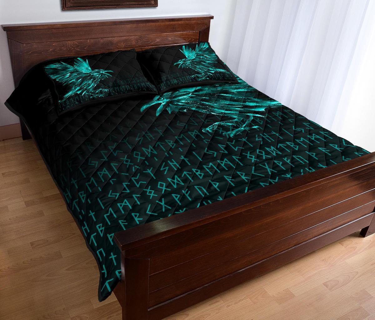 Viking Quilt Bedding Set The Raven Of Odin Rune Cyan