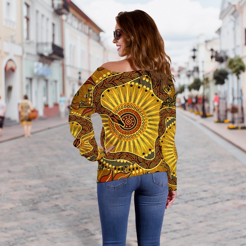 Off Shoulder Sweater - Australian Aboriginal Snake - Rainbow Serpent