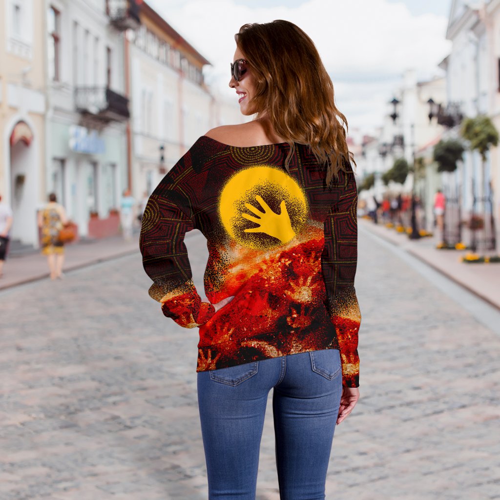 (Custom) Aboriginal Off Shoulder Sweater - Indigenous Flag Hand Art