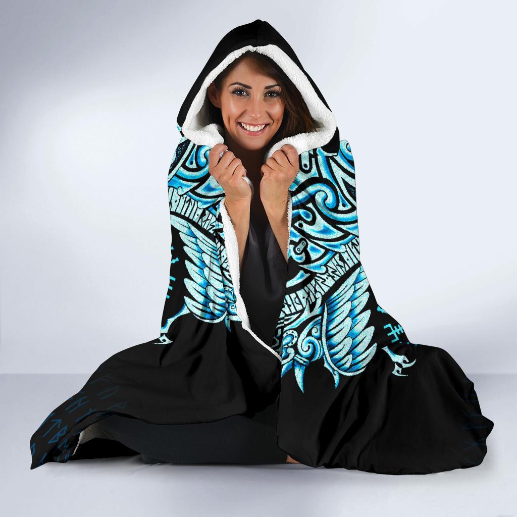 Viking Hooded Blanket Economy Fenrir Raven And Vegvisir Tattoo Cyan