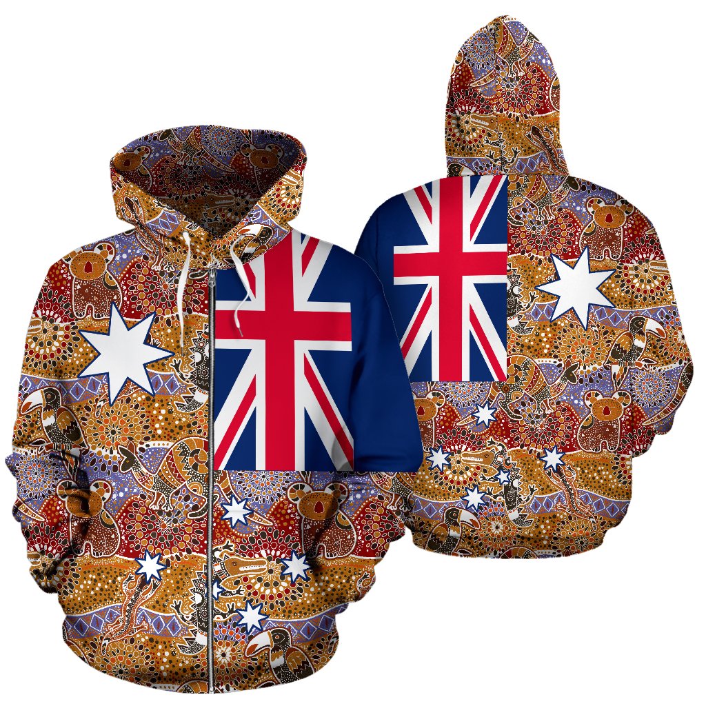 Aboriginal Zip Hoodie - Koala Kangaroo Patterns Aus Flag