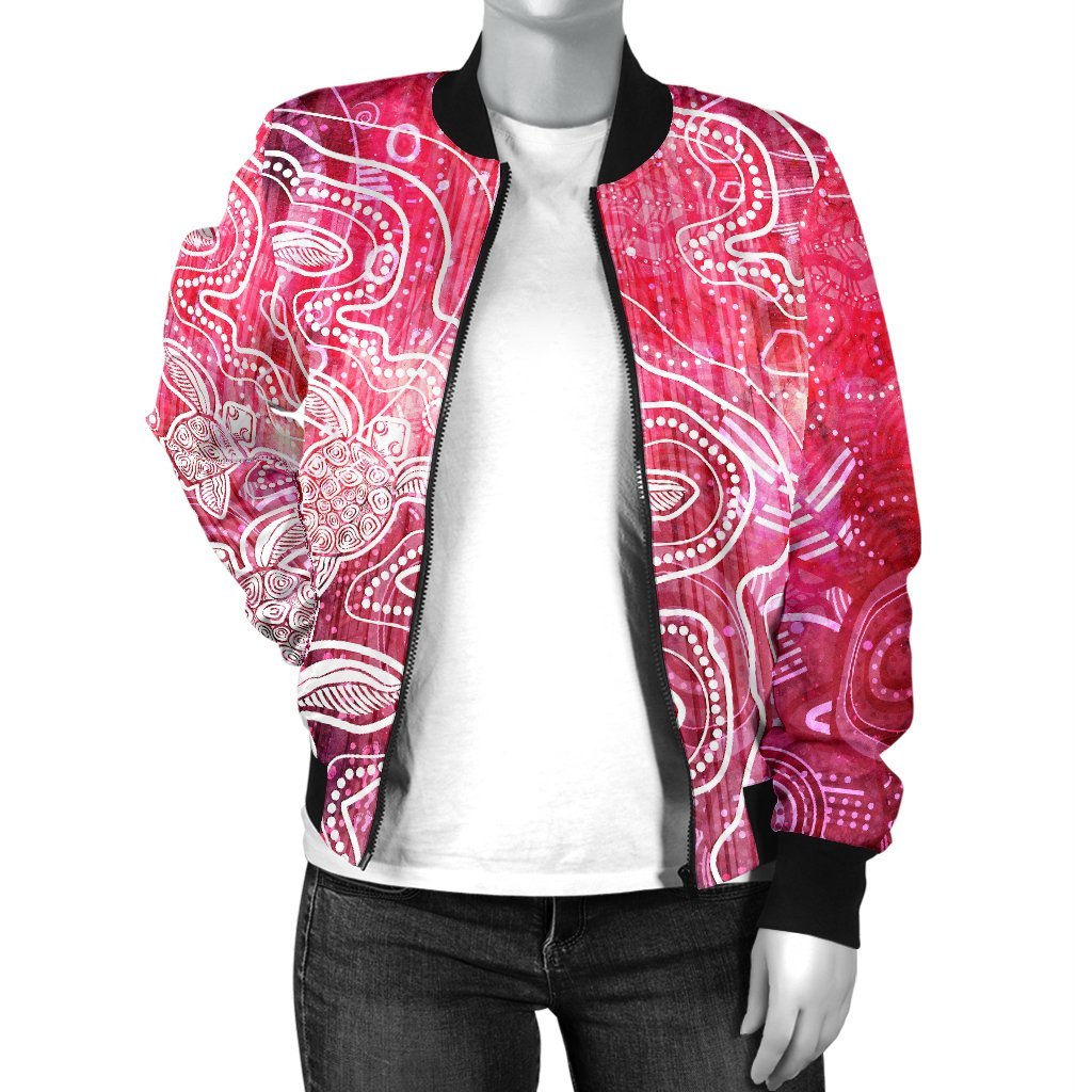 Aboriginal Bomber Jacket - Sea Turtle With Indigenous Patterns (Pink)