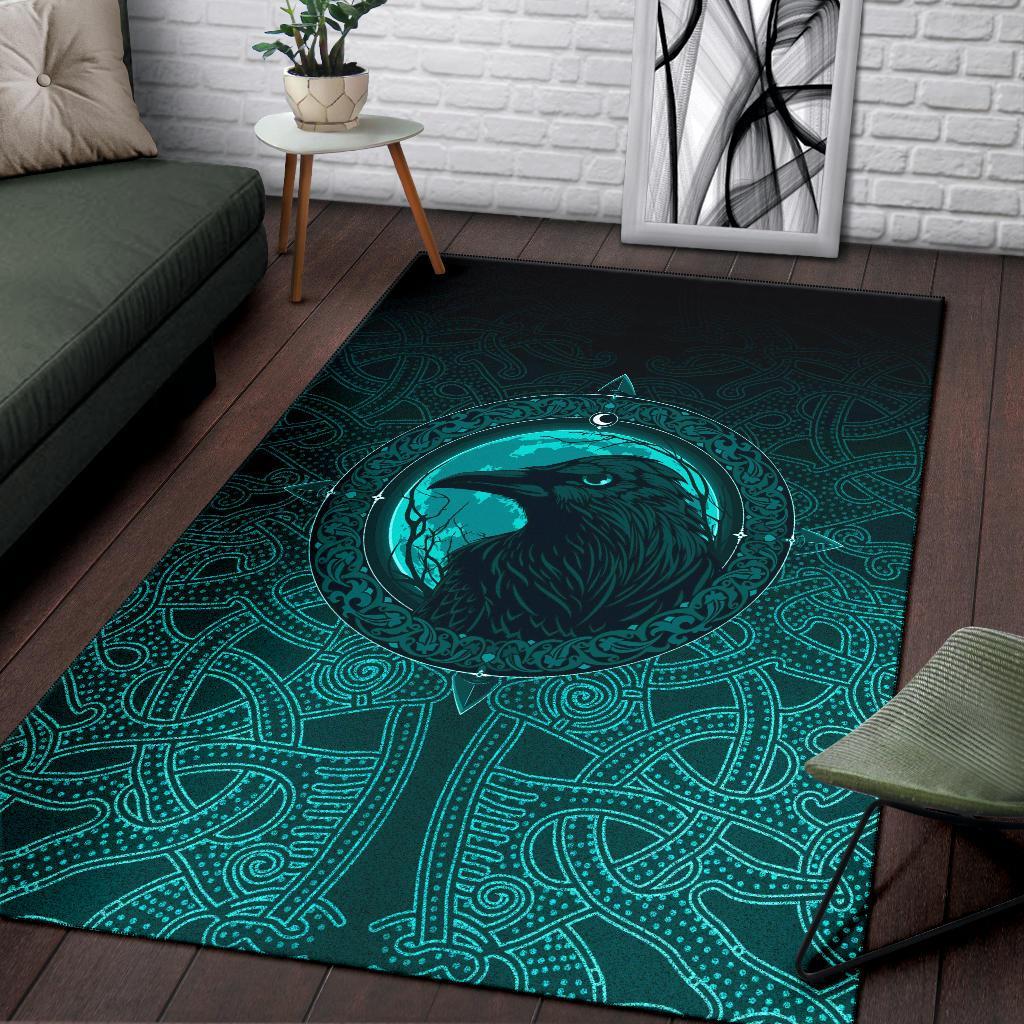 Viking Area Rug Ethnic Odin Raven Cyan