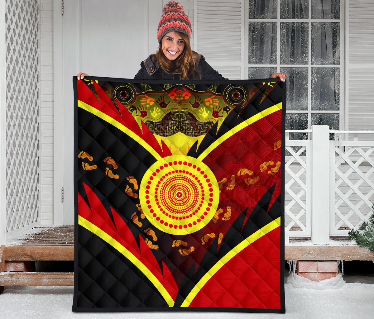 Aboriginal Premium Quilt - Indigenous Flag With Footprint Hand Art