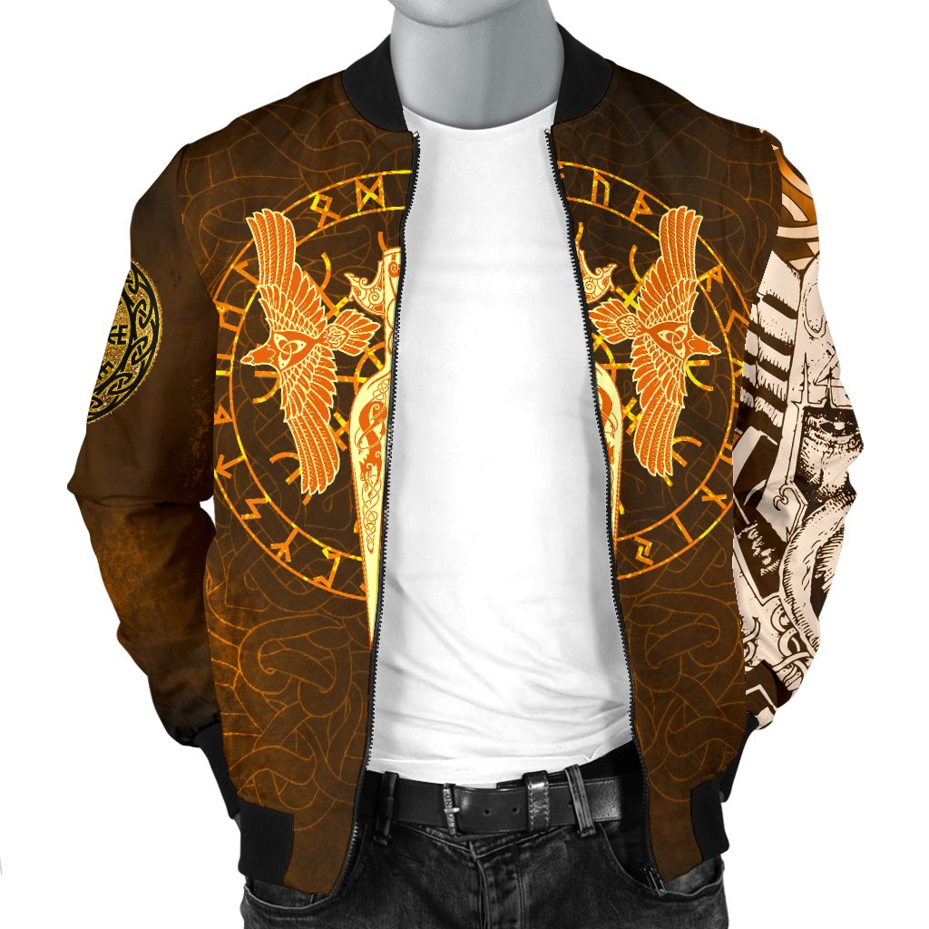 Viking Bomber Jacket Gold Spear Of The God Odin Gungnir And Two Gold Ravens