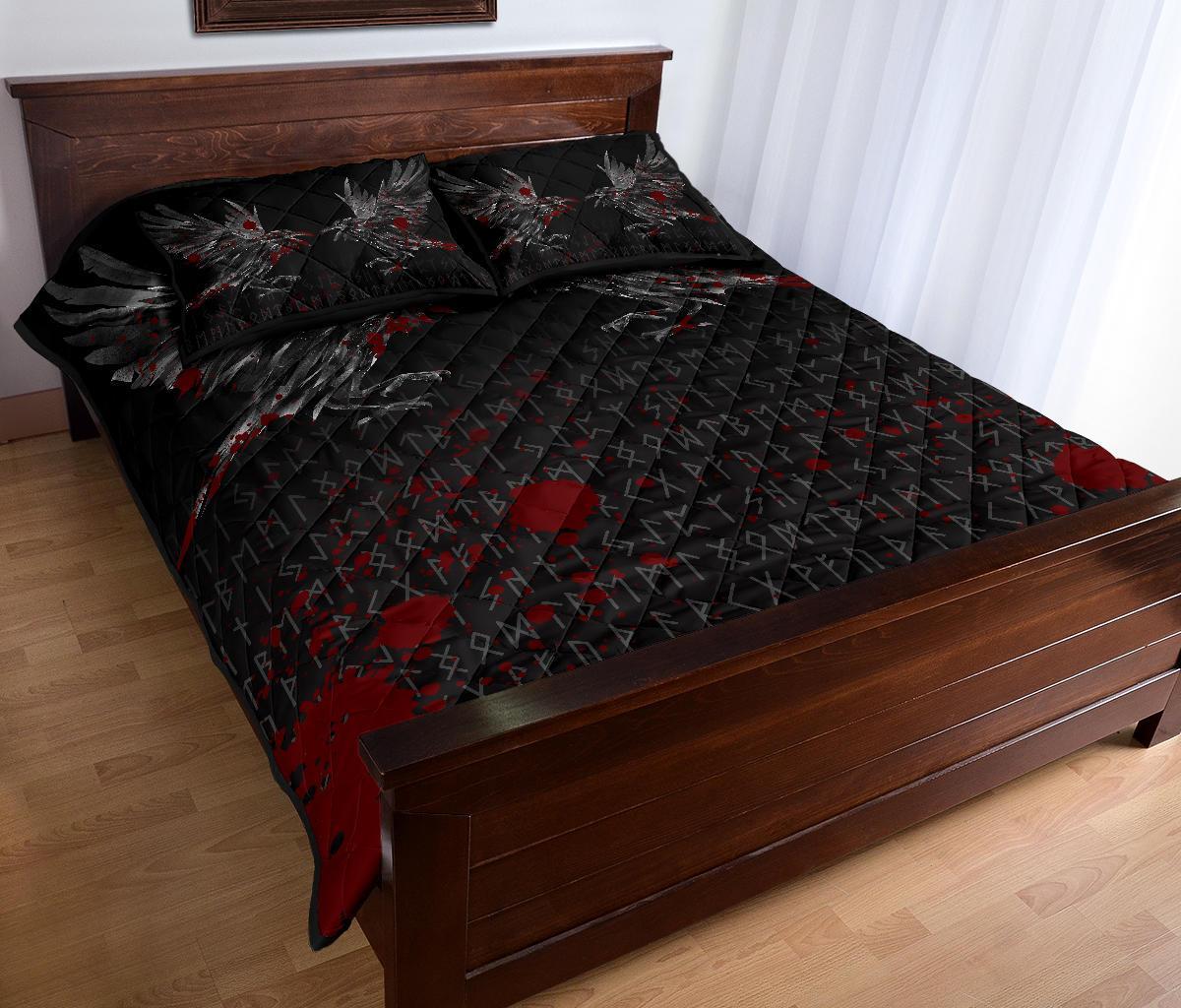 Viking Quilt Bedding Set Odin Huginn and Muninn Rune Blood