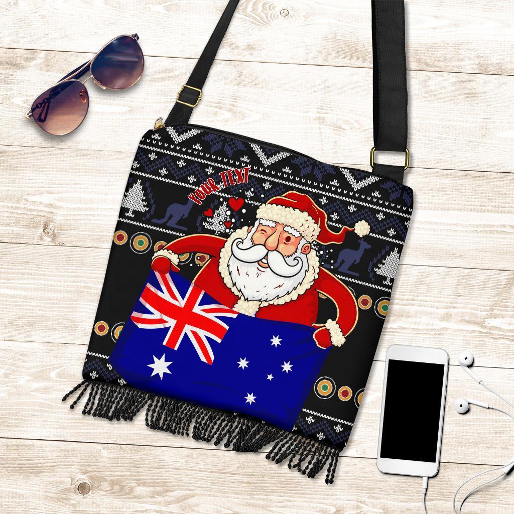 Christmas Personalised Crossbody Boho Handbag - Australia Santa Claus Hold The Flag ( Black)