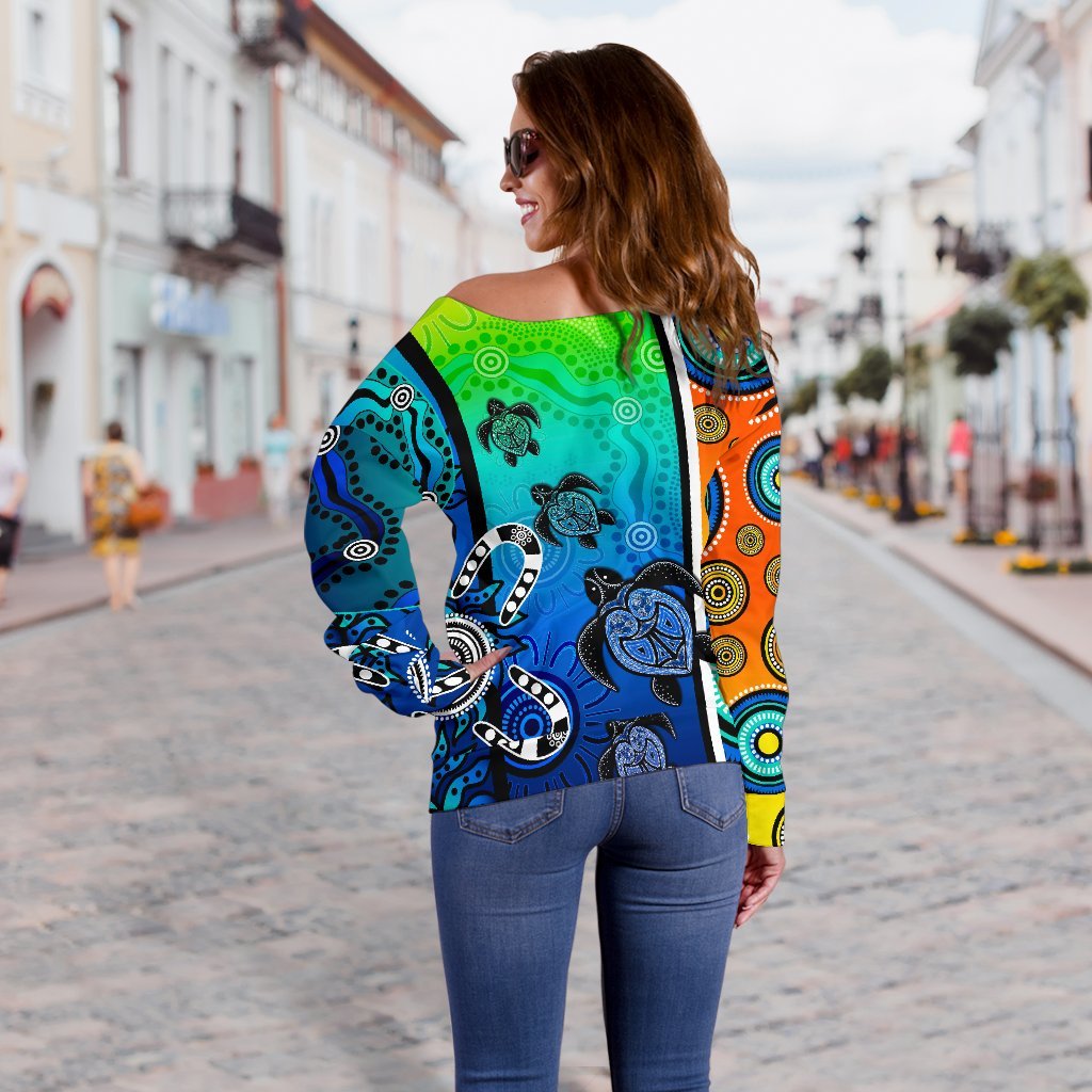 Aboriginal Women's Off Shoulder Sweater - Indigenous Turtle Dot Painting Art