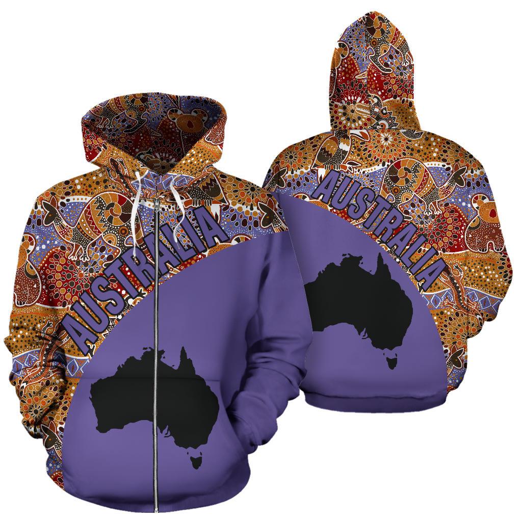 Aboriginal Zip Hoodie - Australia Map Patterns Koala Kangaroo 01