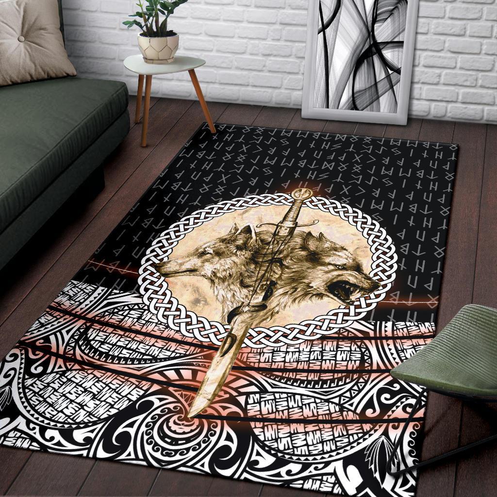 Viking Area Rug Wolf and Vikings Tattoo 3D