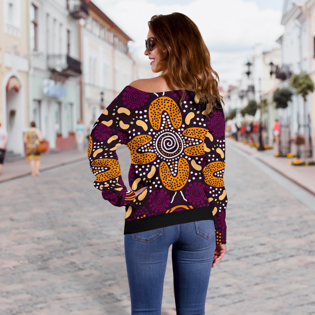 Aboriginal Women's Off Shoulder Sweater - Flowers Dot Panting Art