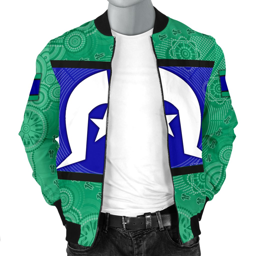 Men Bomber Jacket, Torres Strait Islands Flag With Aboriginal Patterns