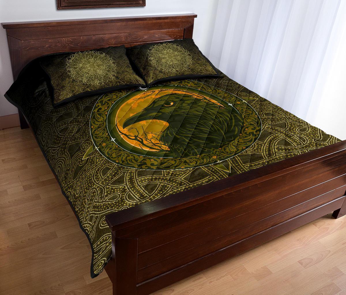 Viking Quilt Bedding Set Ethnic Odin Raven Gold