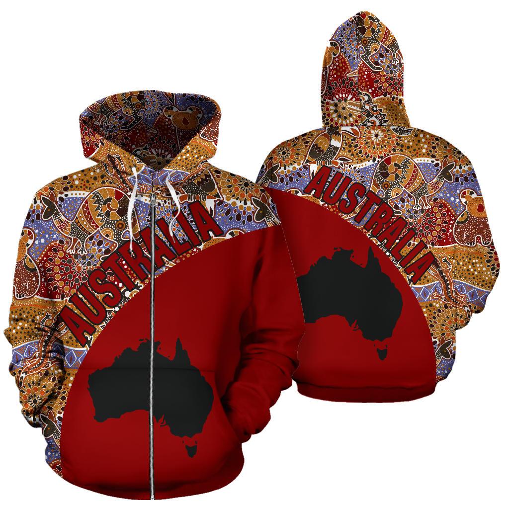 Aboriginal Zip Hoodie - Australia Map Kangaroo Patterns Koala