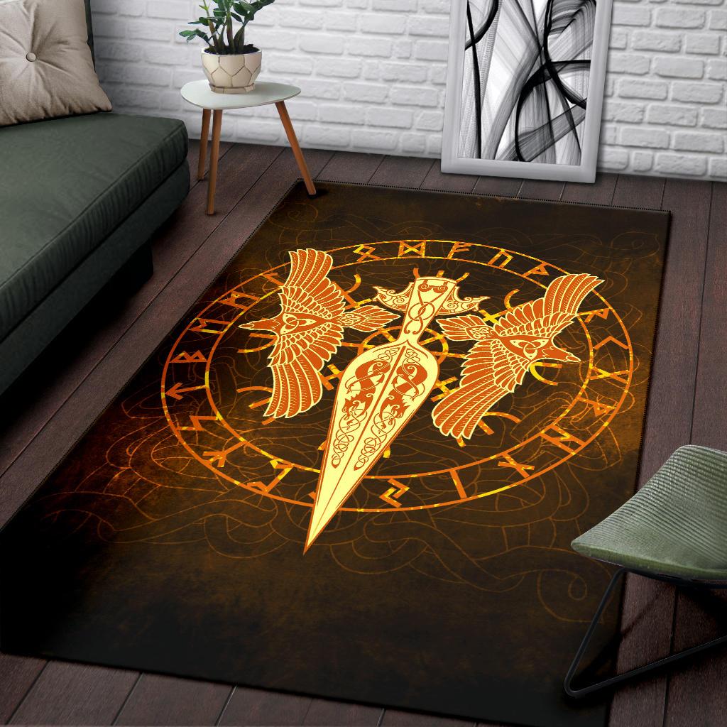 Viking Area Rug Gold Spear Of The God Odin Gungnir And Two Gold Ravens