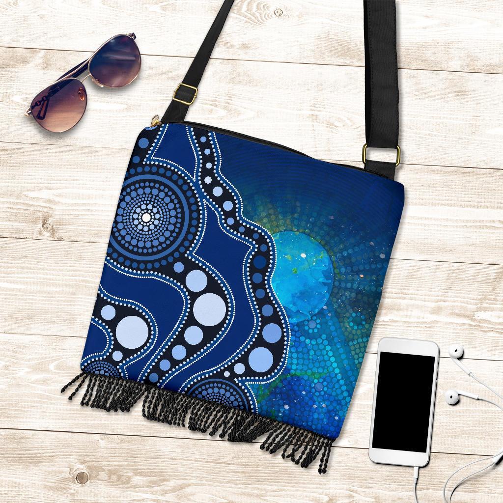 Aboriginal Crossbody Boho Handbag - Australia Indigenous Flag Circle Dot Painting Art (Blue)