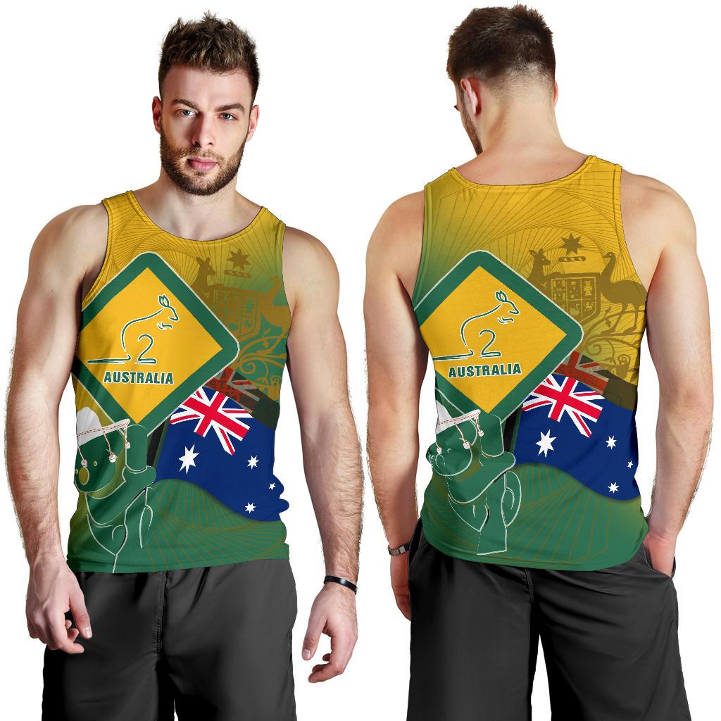 Tank Top - Aus Flag and Coat Of Arms Tank Kangaroo and Koala Sign