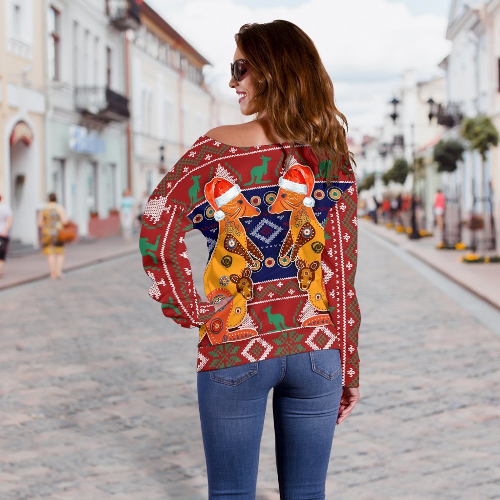 Australia Christmas Women's Off Shoulder Sweater - Mother Kangaroo In Christmas