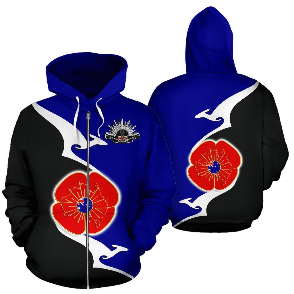 Anzac Zip Hoodie - Lest We Forget Poppy Map Kangaroo Blue