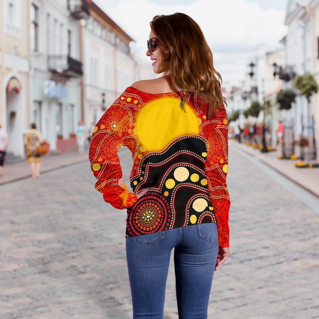 Aboriginal Off Shoulder Sweater, Aboriginal Lives Matter Flag Dot Painting Art
