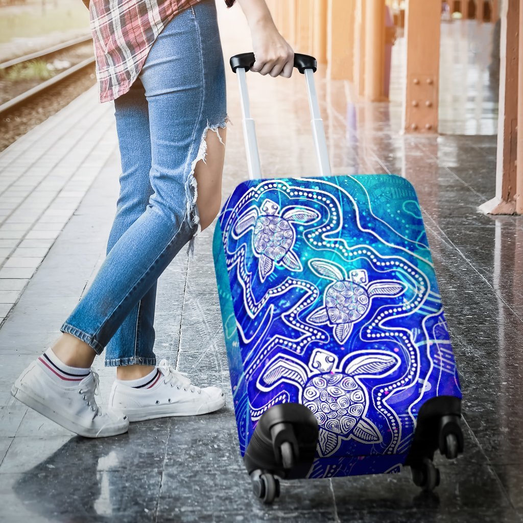 Aboriginal Luggage Covers - Sea Turtle With Indigenous Patterns (Blue)