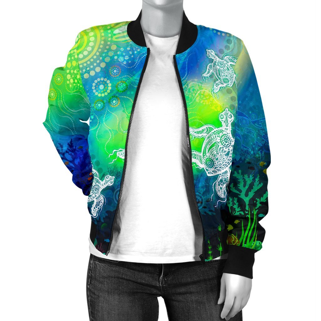 Aboriginal Bomber Jacket - Indigenous Turtle Ocean Dot Painting Art