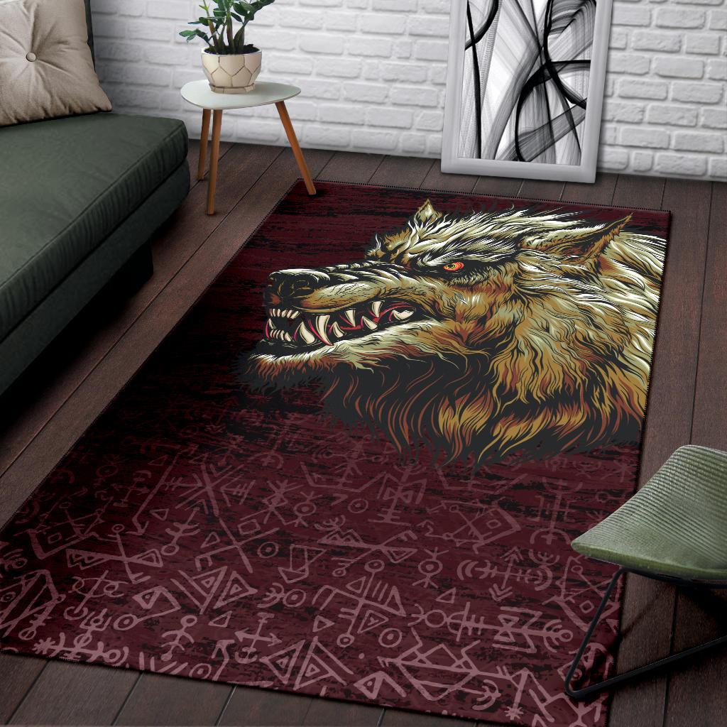 Viking Area Rug Fenrir On The Blood Moon Background