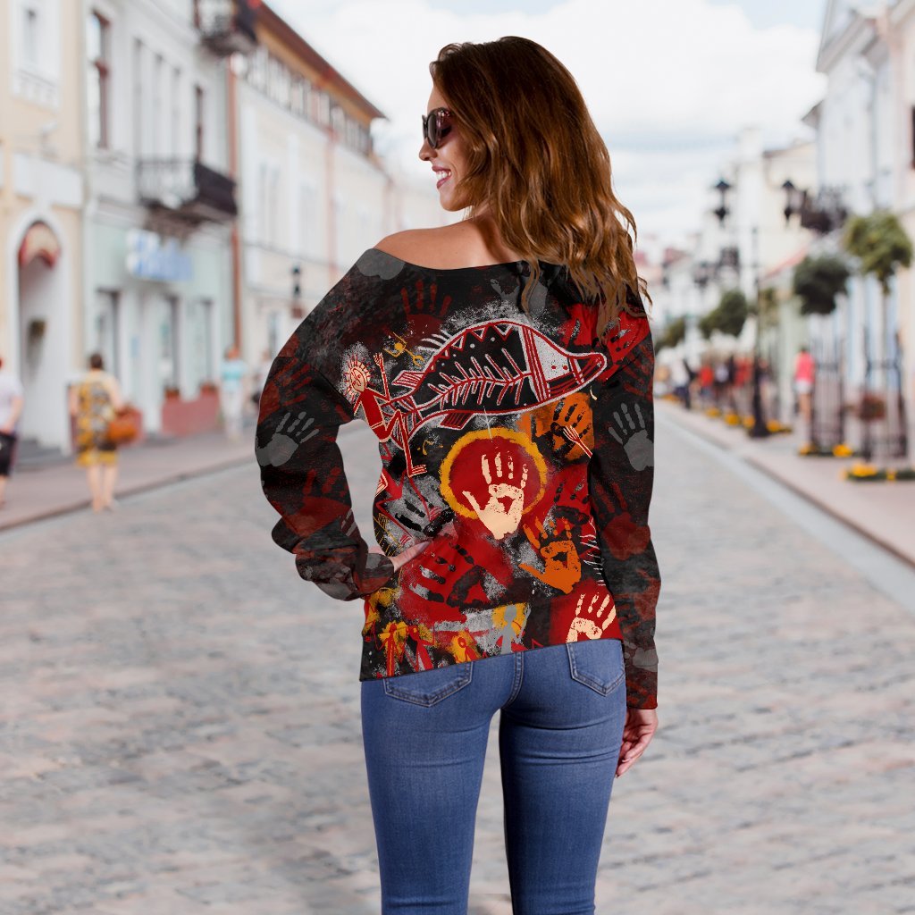 Aboriginal Women's Off Shoulder Sweater- Indigenous Fish Hand Art