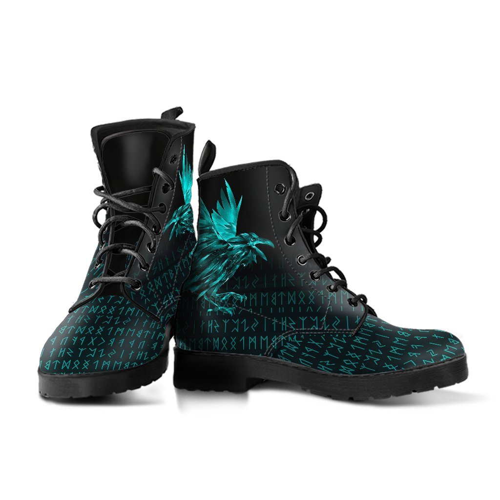 Viking Leather Boots The Raven Of Odin Rune Cyan