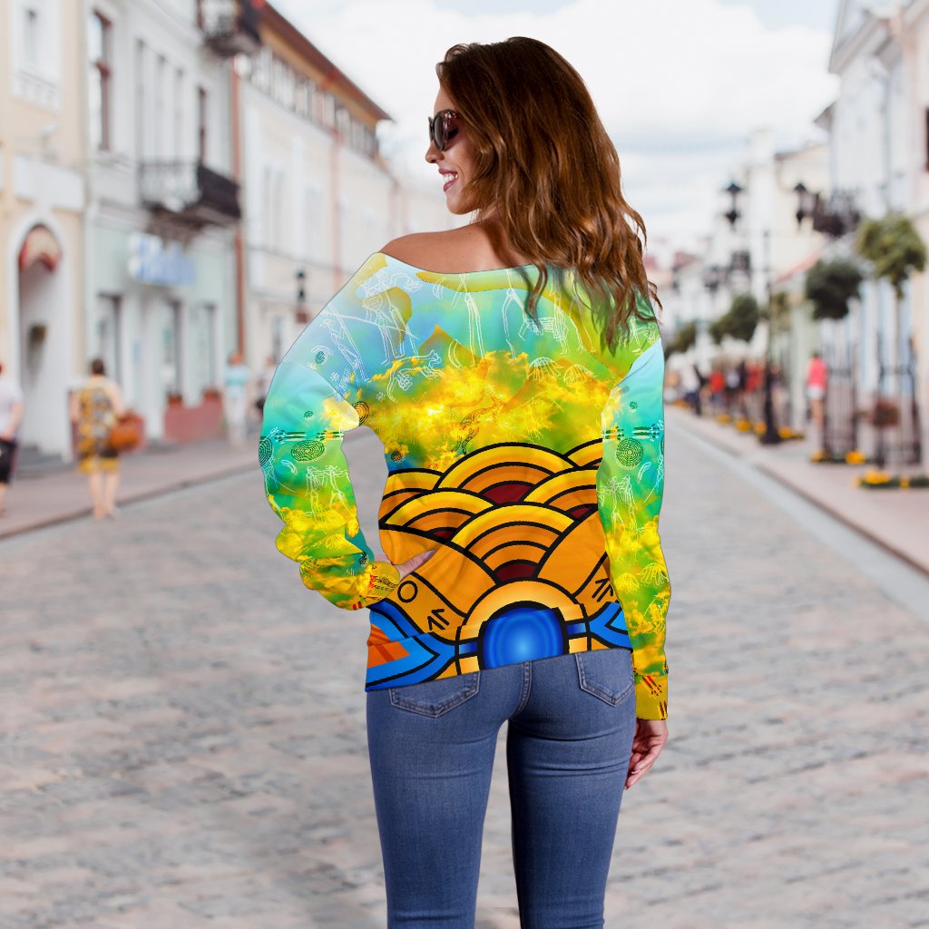 Aboriginal Women's Off Shoulder Sweater, Australia Kangaroo Sky