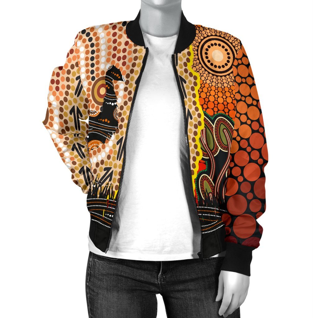 Women Bomber Jacket - Australian Aboriginal Sun and Emu