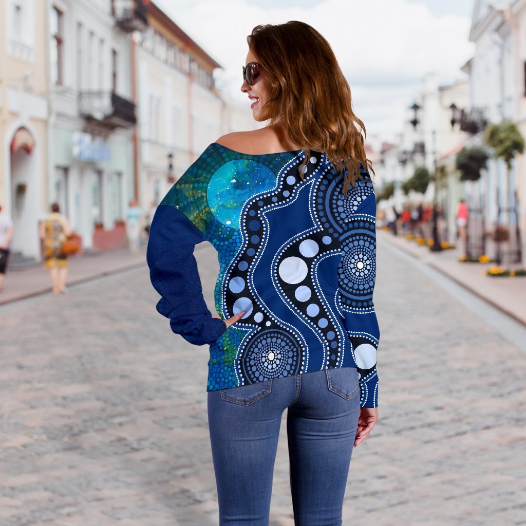 (Custom Text) Aboriginal Women's Off Shoulder Sweater - Australia Indigenous Flag Circle Dot Painting Art (Blue)