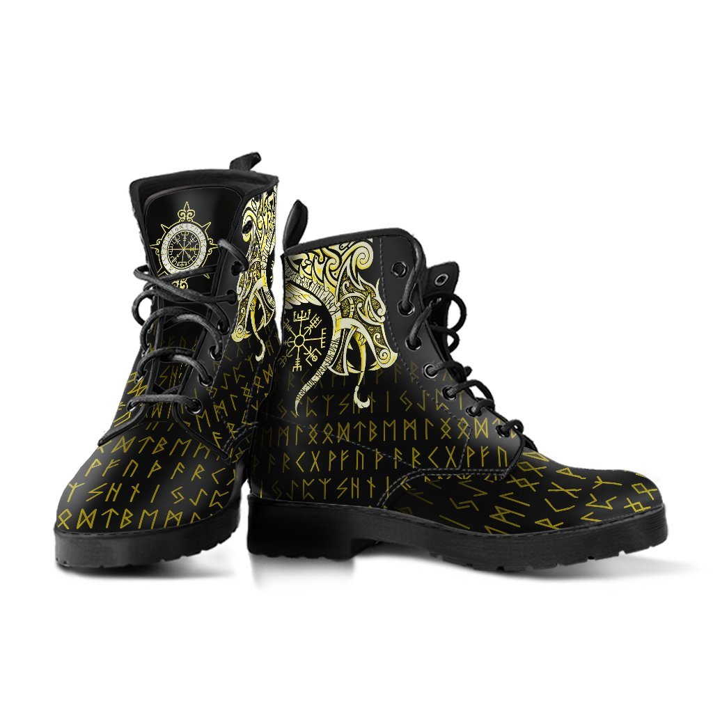 Viking Leather Boots Fenrir Raven And Vegvisir Tattoo Yellow