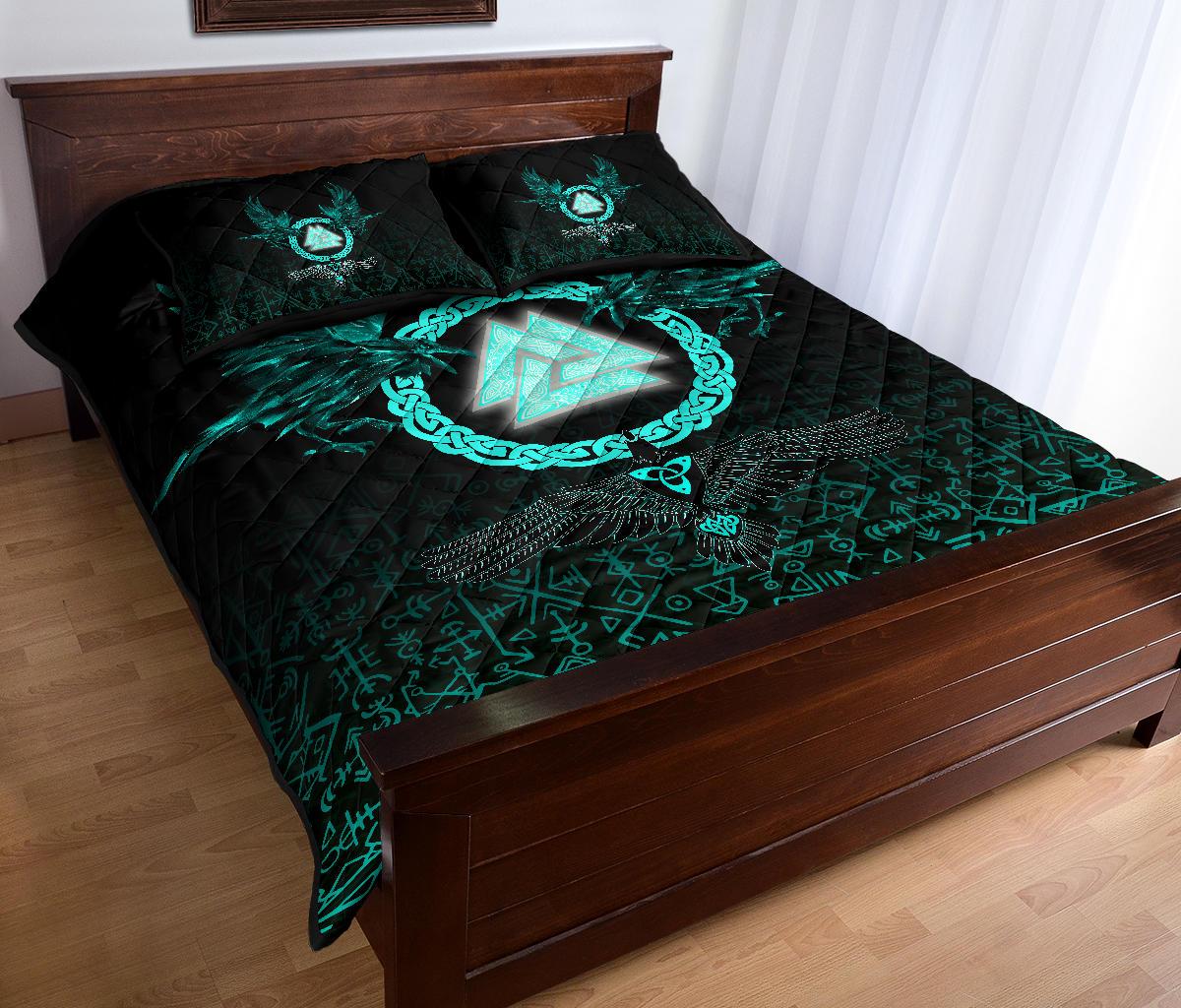 Viking Quilt Bedding Set Three Raven and Valknut Cyan