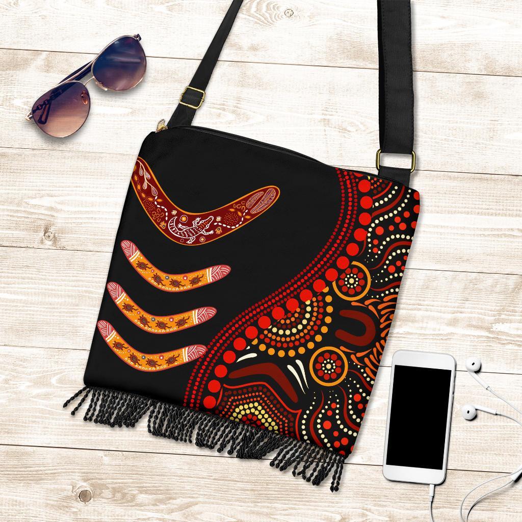 Aboriginal Crossbody Boho Handbag - Aboriginal Boomerangs With Dot Painting Pattern