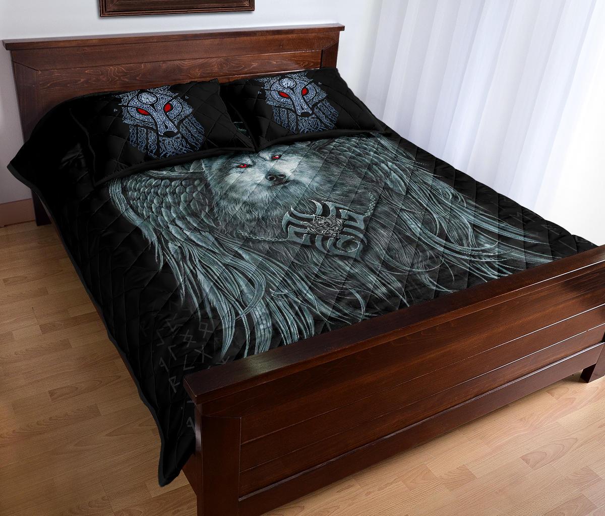 Viking Quilt Bedding Set Spiral Wolf Spirit