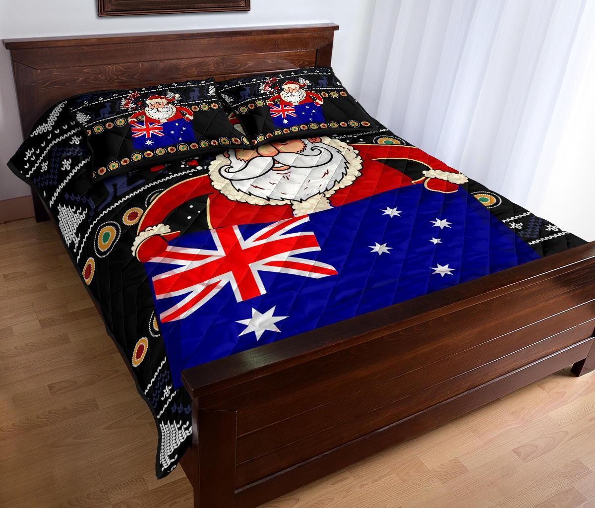 Christmas Personalised Quilt Bed Set - Australia Santa Claus Hold The Flag ( Black)