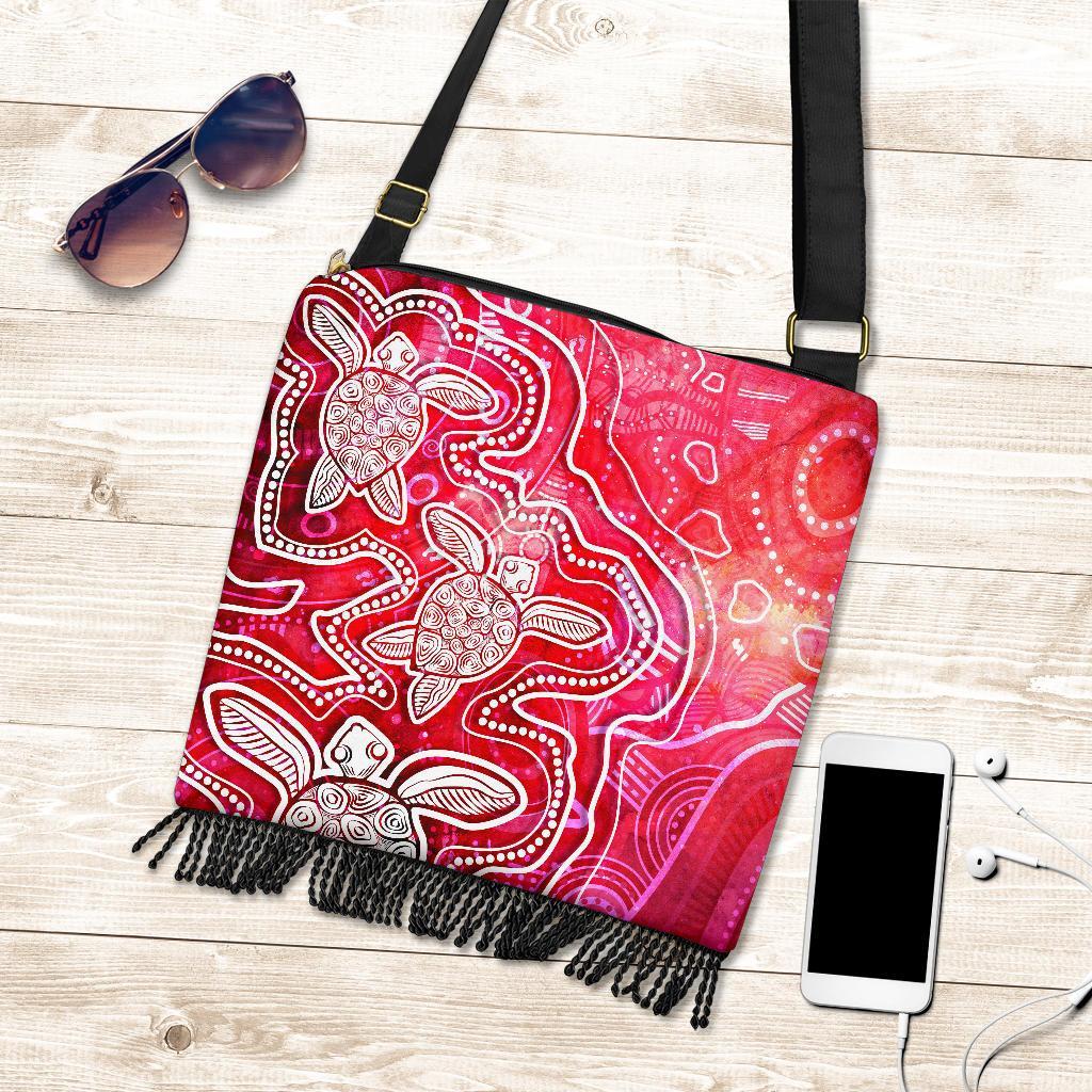 Aboriginal Boho Handbag - Sea Turtle With Indigenous Patterns (Pink)