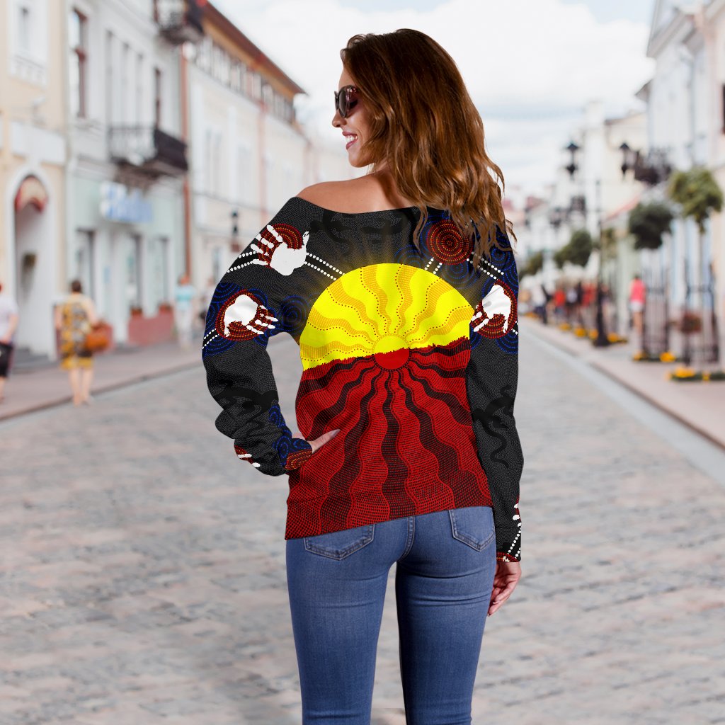 Aboriginal Women's Off Shoulder Sweater, Aboriginal Lives Matter Flag Sun Dot Painting