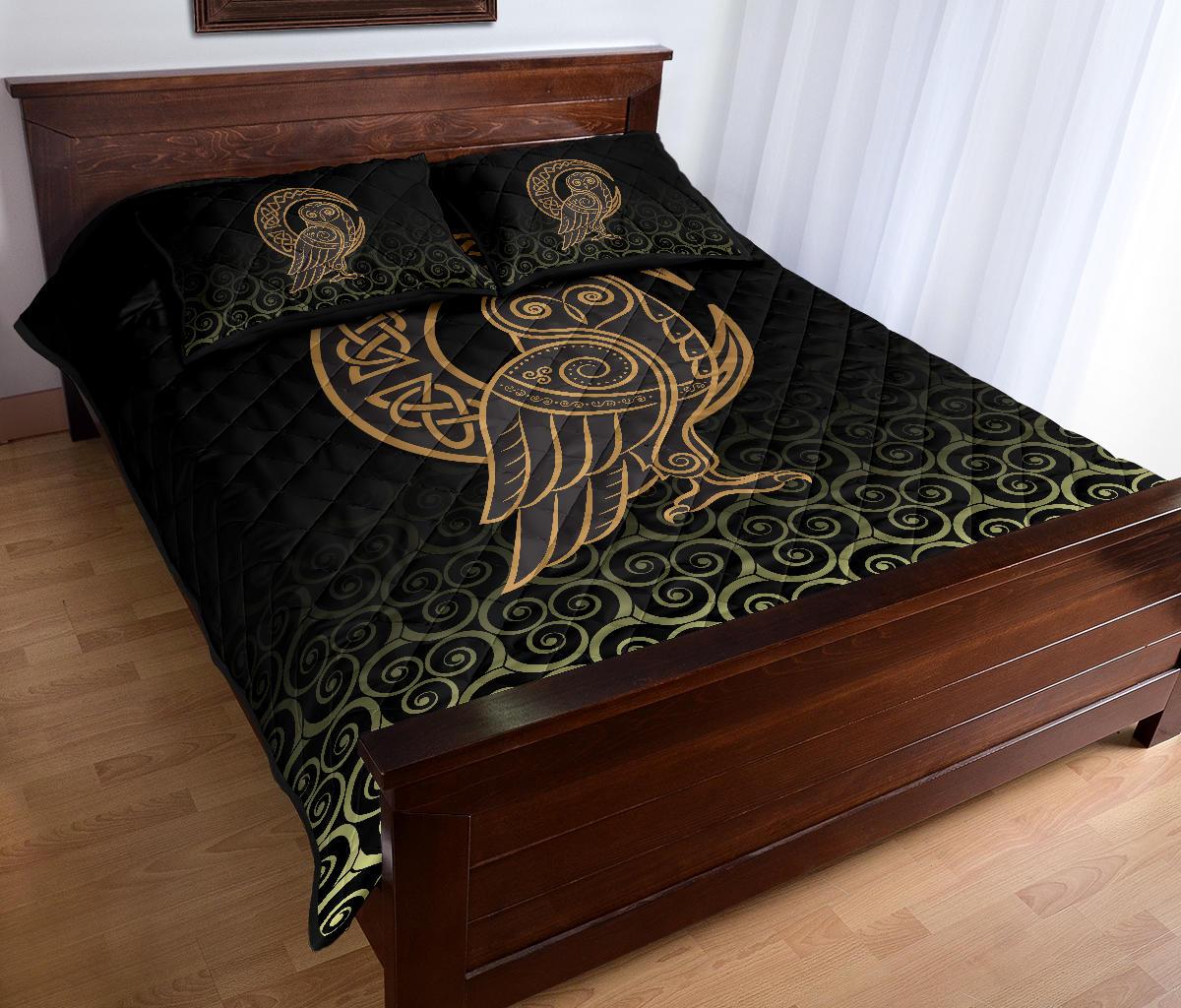 Viking Quilt Bedding Set Owl Celtic On Triskels Background