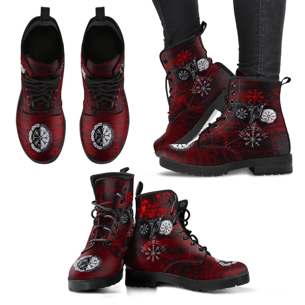 Viking Leather Boots Raven of Odin and Symbol Viking on Blood Background Ver02