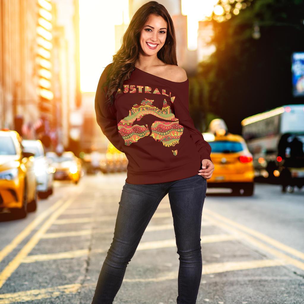Women's Off Shoulder Sweater - Australia Map Sweater Kangaroo Aboriginal Patterns