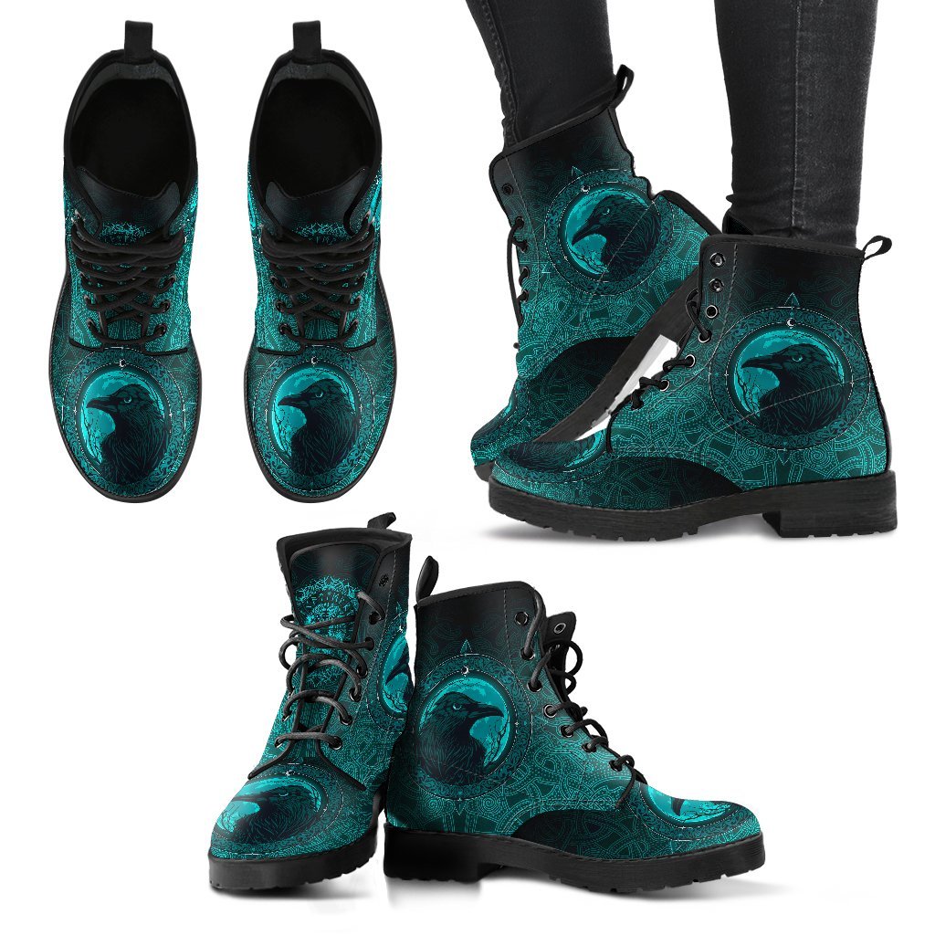 Viking Leather Boots Ethnic Odin Raven Cyan