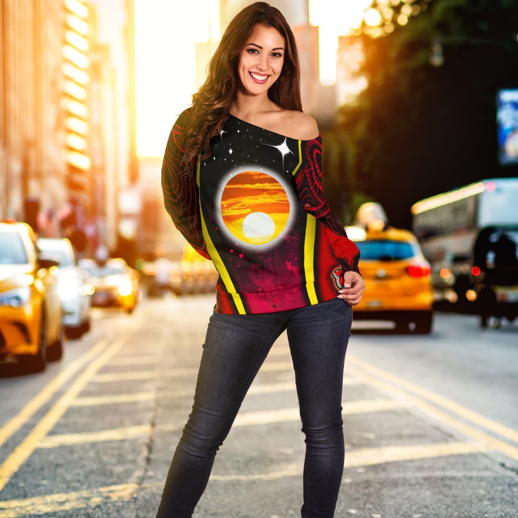 Off Shoulder Sweater - Australian Aboriginal Flags Symbolic Meaning